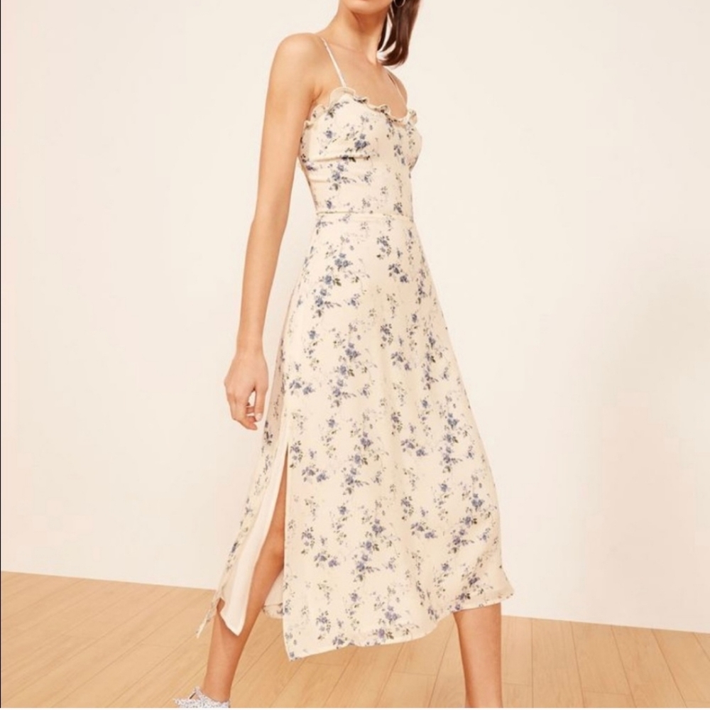 Reformation Cassandra Midi Slit Dress in Madeline Ruffle